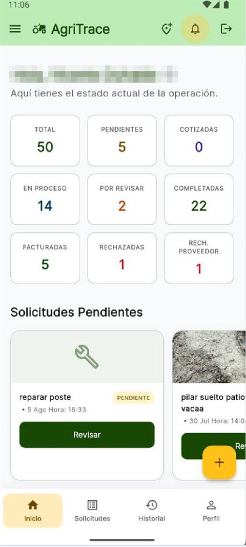 AgriTrace: inicio del gerente con el conteo de solicitudes por estado