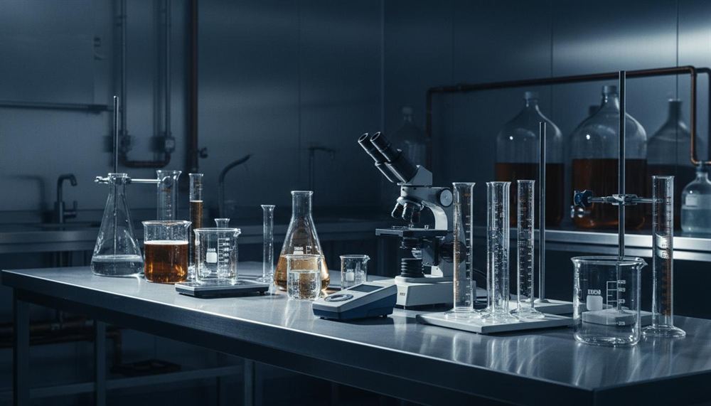 Imagen ilustrativa: laboratorio con matraces y microscopio